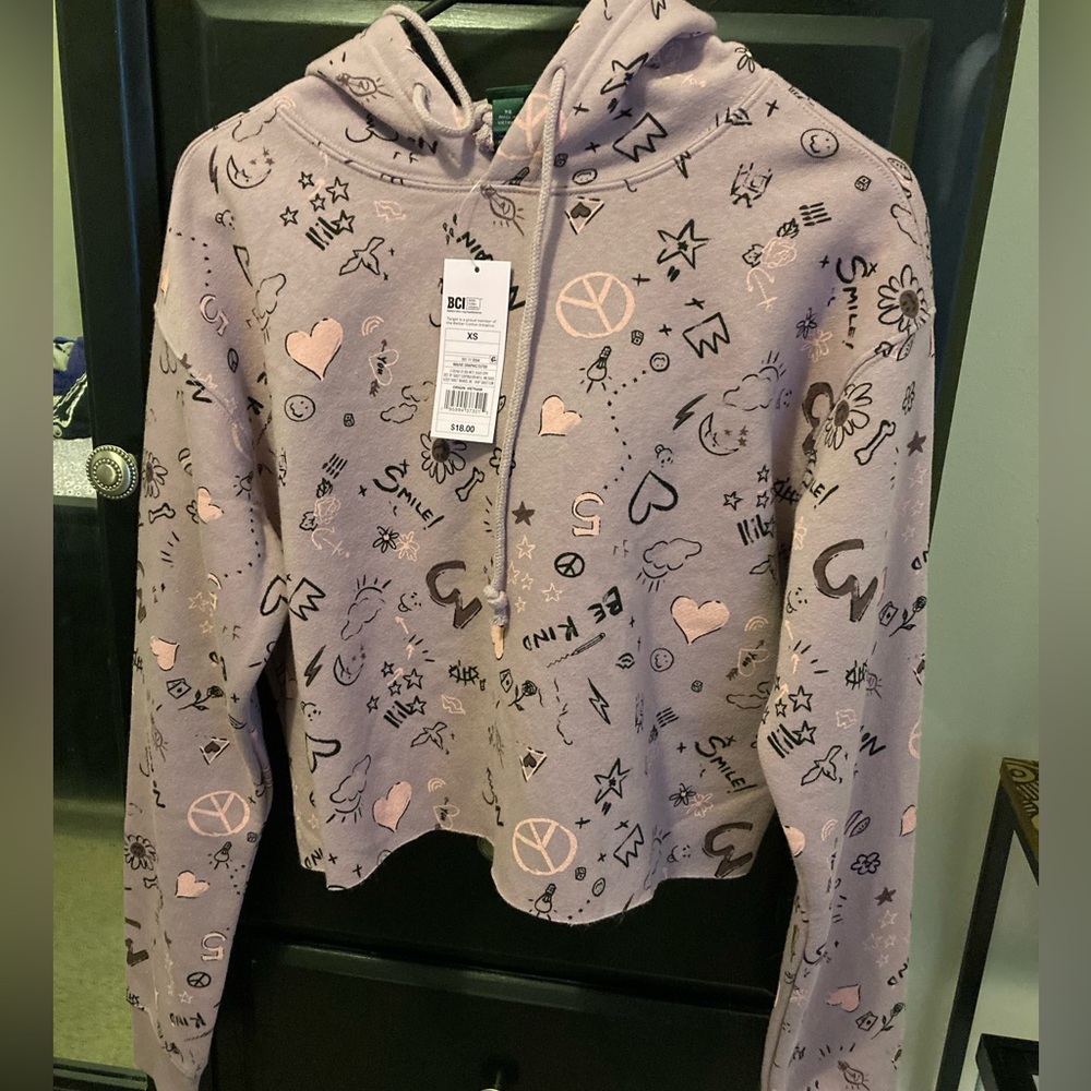 Peace and love pink and purple graphic hoodie. XS brand new
